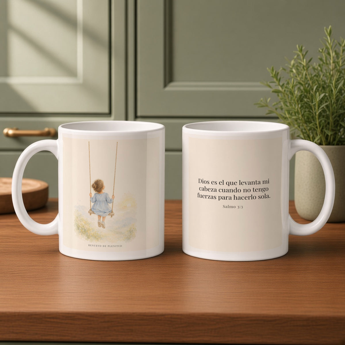 Dios es quien levanta mi cabeza | Taza cristiana con frase devocional | Salmo 3:3 — 11oz · Cocina verde salvia, arte y frase devocional en dos tazas