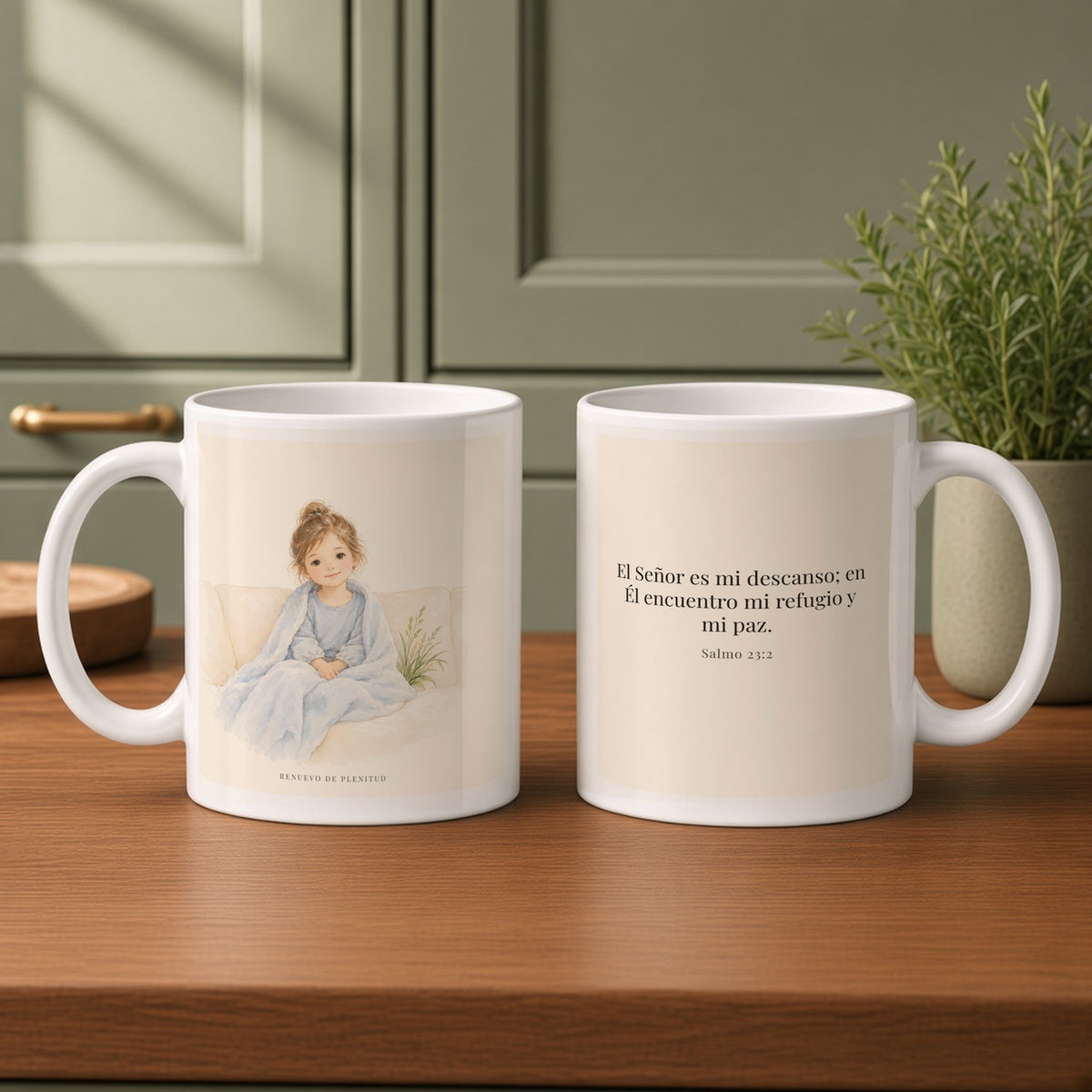 Jehová es mi descanso y mi refugio | Taza devocional de fe | Salmo 23:2 — 11oz · Cocina verde salvia, arte y frase devocional en dos tazas
