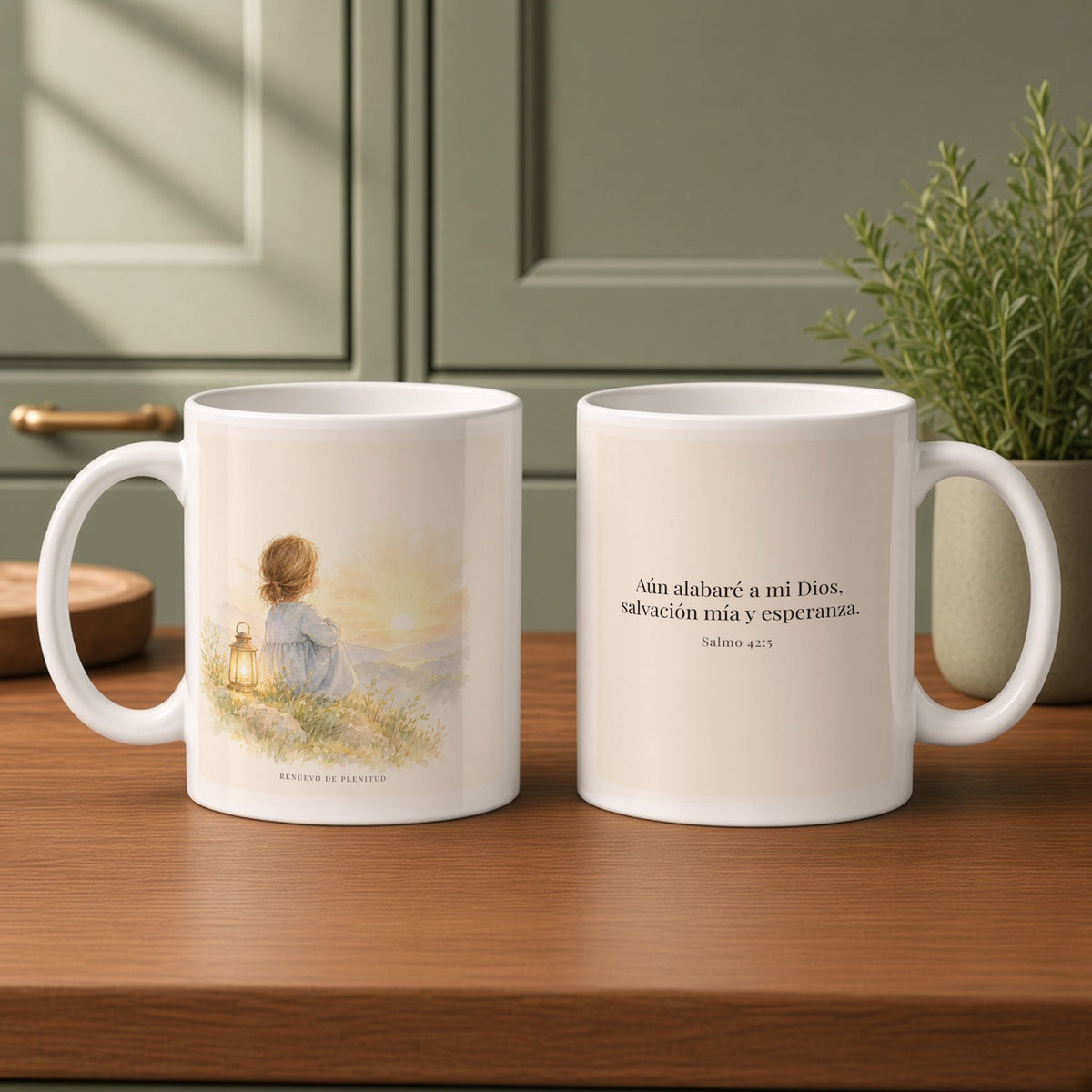 Aún he de alabar a mi Dios | Taza cristiana en dos tamaños | Salmo 42:5 — 11oz · Cocina verde salvia, arte y frase devocional en dos tazas