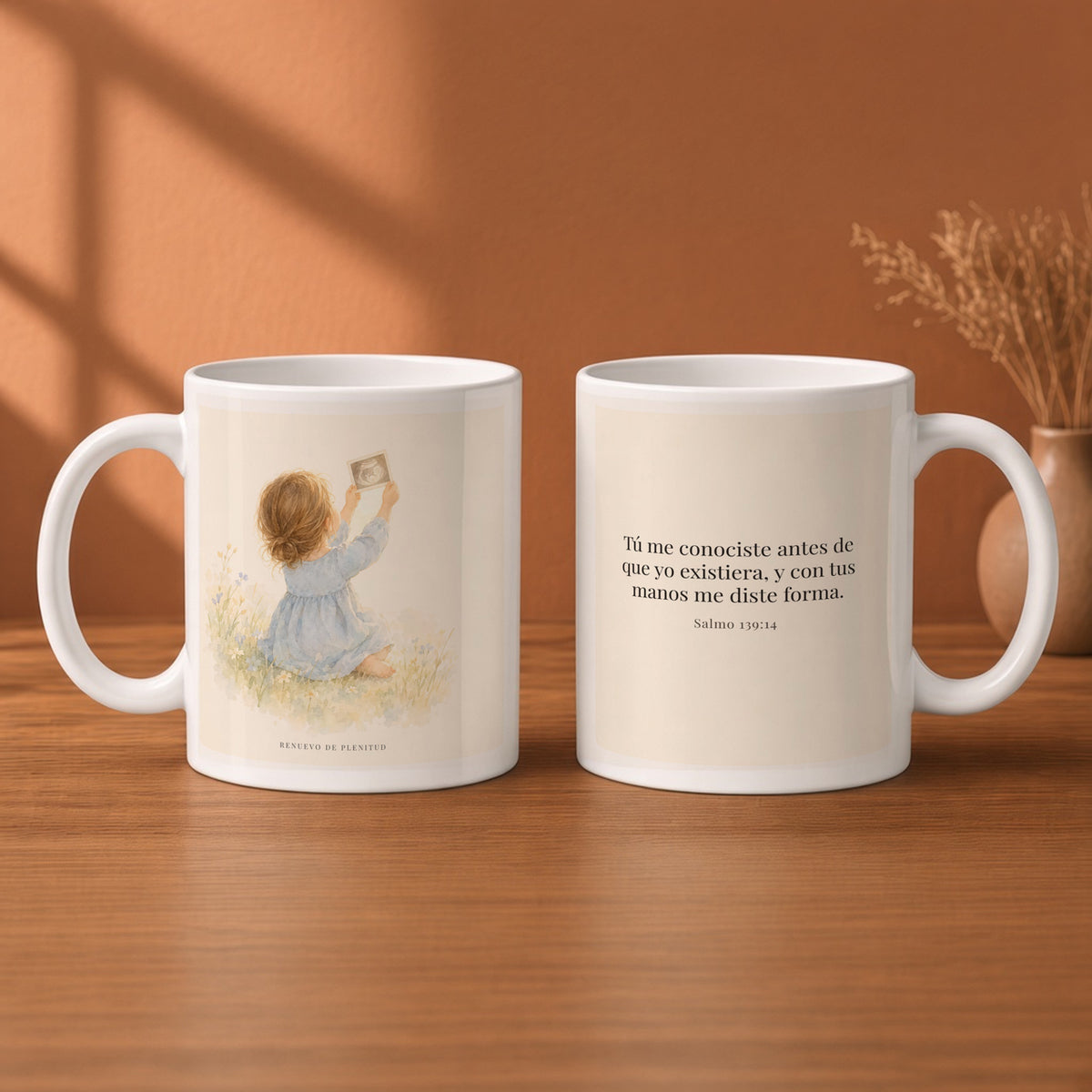 Tú me conoces, oh Dios, y me diste forma | Taza cristiana en dos tamaños | Salmo 139:14 — 11oz · Desayuno terracota, arte y frase devocional en dos tazas