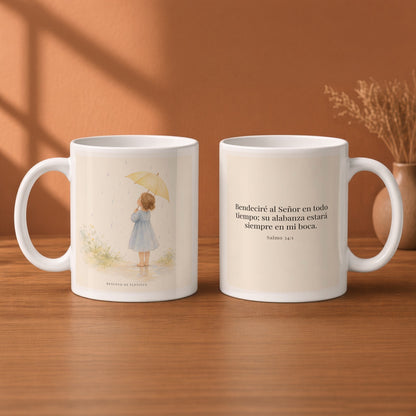 Bendeciré a Jehová en todo tiempo | Taza cristiana con frase devocional | Salmo 34:1 — 11oz · Desayuno terracota, arte y frase devocional en dos tazas