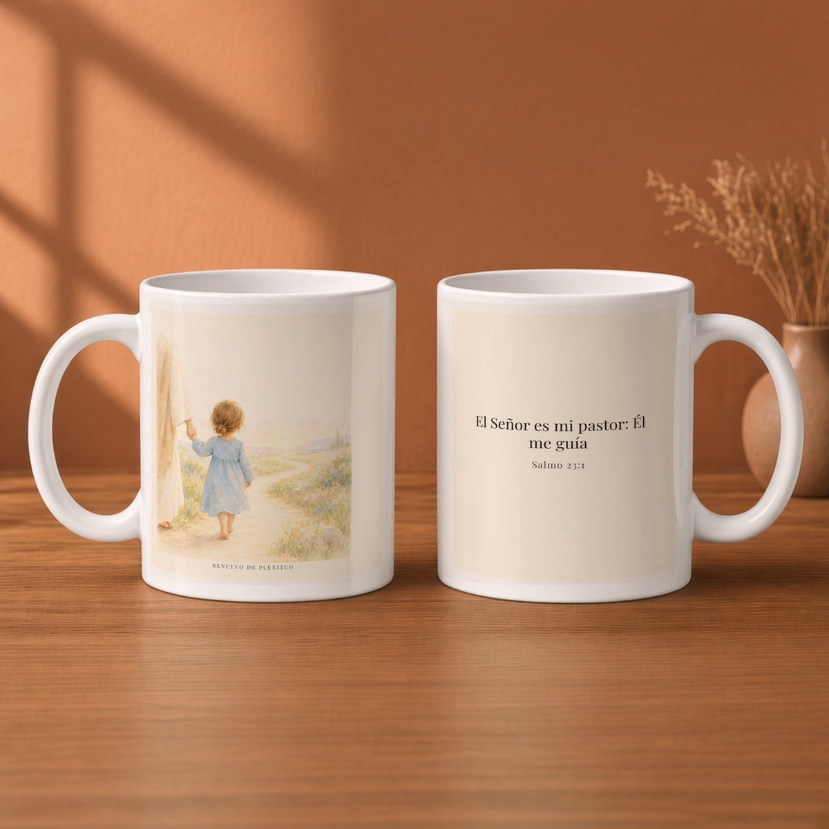 El Señor es mi pastor; Él me guía | Taza bíblica para café | Salmo 23:1 — 11oz · Desayuno terracota, arte y frase devocional en dos tazas
