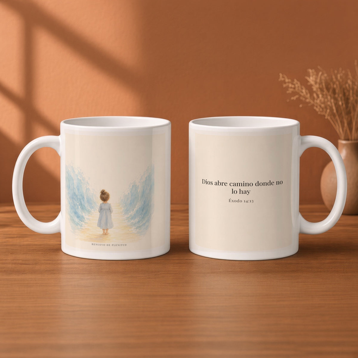 Dios abre camino donde no lo hay | Taza cristiana en dos tamaños | Éxodo 14:13 — 11oz · Desayuno terracota, arte y frase devocional en dos tazas