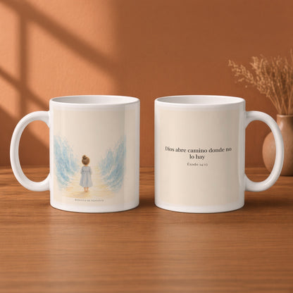 Dios abre camino donde no lo hay | Taza cristiana en dos tamaños | Éxodo 14:13 — 11oz · Desayuno terracota, arte y frase devocional en dos tazas