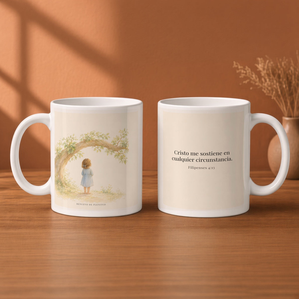 Cristo me sostiene en cualquier circunstancia | Taza devocional de fe | Filipenses 4:13 — 11oz · Desayuno terracota, arte y frase devocional en dos tazas