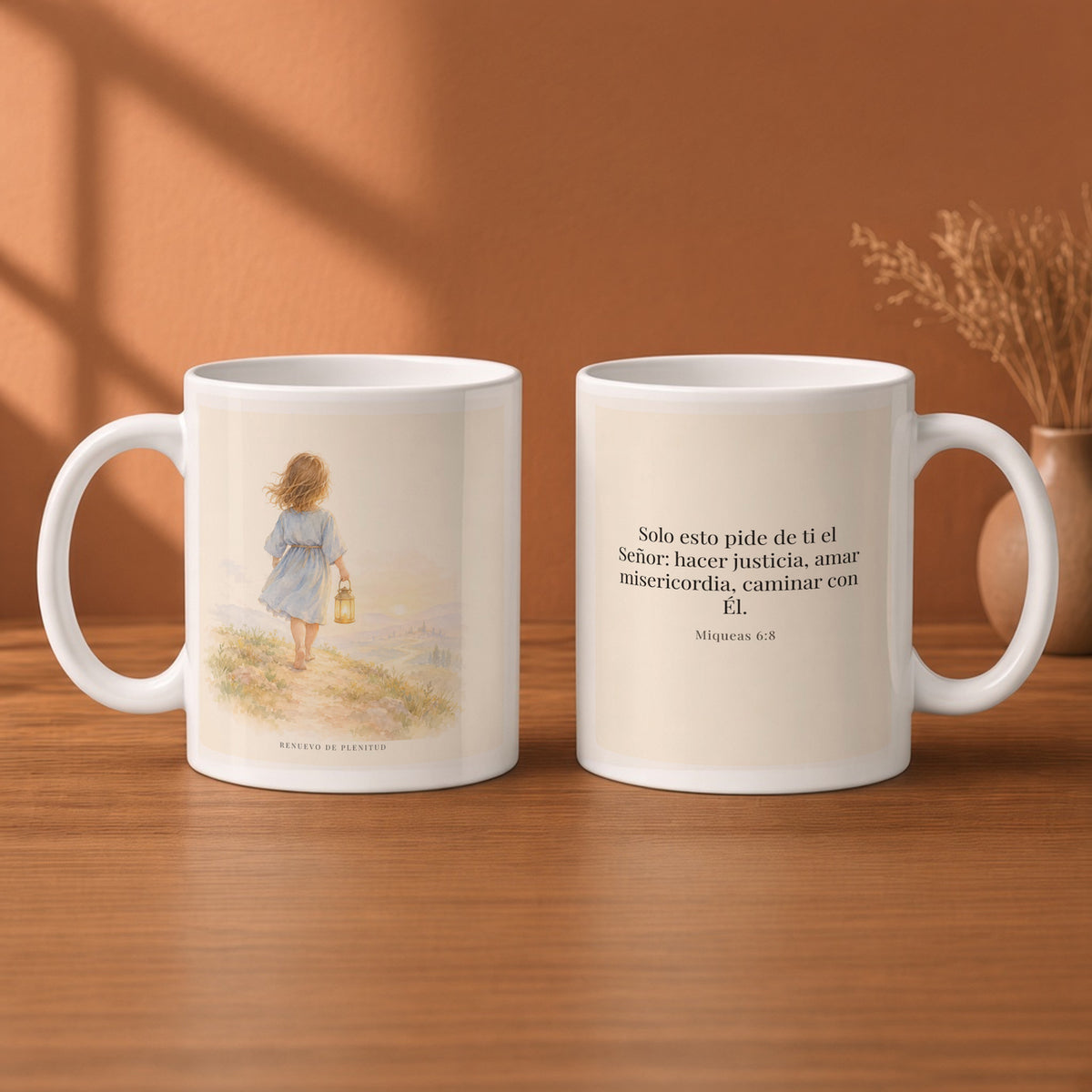 Solo esto pide de ti el Señor | Taza bíblica para café | Miqueas 6:8 — 11oz · Desayuno terracota, arte y frase devocional en dos tazas