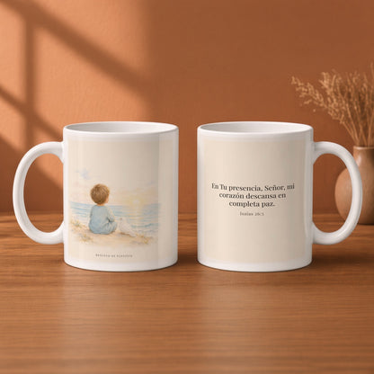 Tú guardarás en completa paz a quien confía en ti | Taza de fe para cada mañana | Isaías 26:3 — 11oz · Desayuno terracota, arte y frase devocional en dos tazas