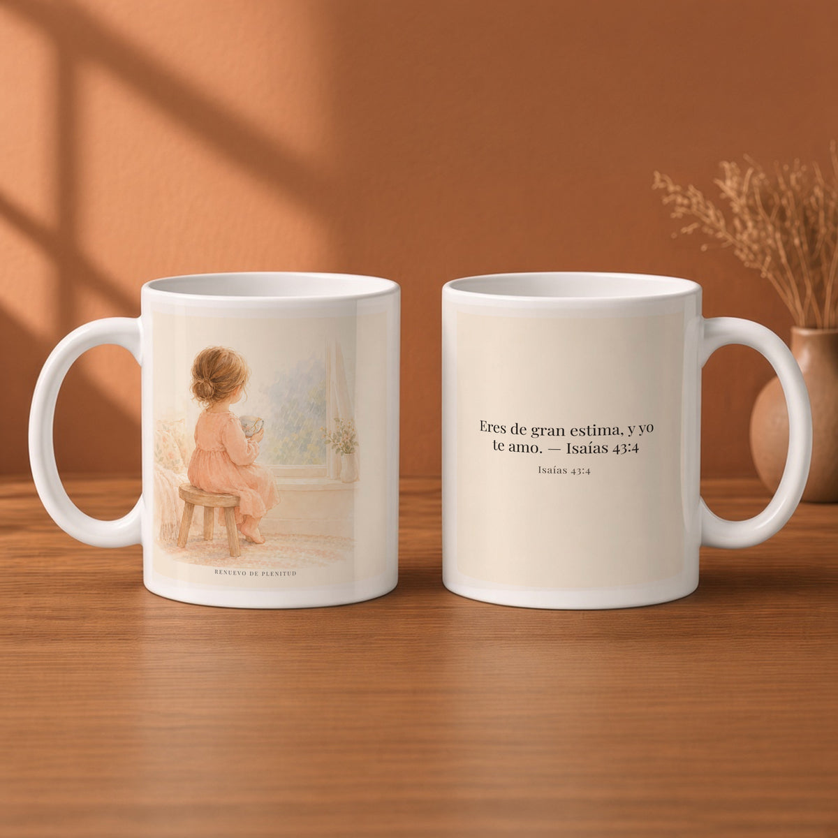 Serás precioso a los ojos de Dios | Taza bíblica de cerámica | Isaías 43:4 — 11oz · Desayuno terracota, arte y frase devocional en dos tazas