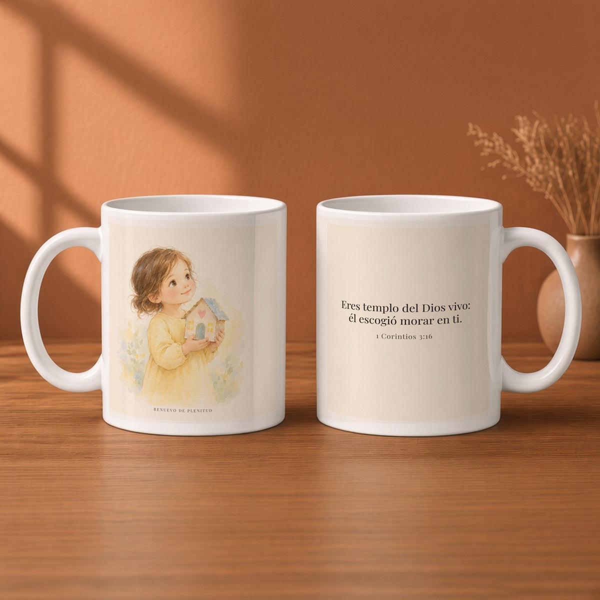 Eres templo del Dios vivo | Taza devocional ilustrada | 1 Corintios 3:16 — 11oz · Desayuno terracota, arte y frase devocional en dos tazas