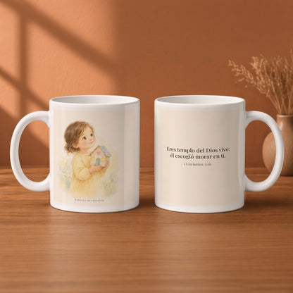 Eres templo del Dios vivo | Taza devocional ilustrada | 1 Corintios 3:16 — 11oz · Desayuno terracota, arte y frase devocional en dos tazas