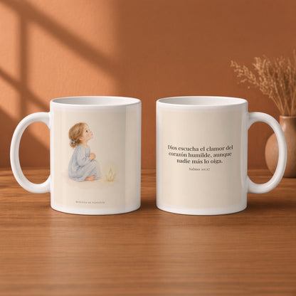 Dios escucha mi oración más callada | Taza devocional de fe | Salmo 10:17 — 11oz · Desayuno terracota, arte y frase devocional en dos tazas