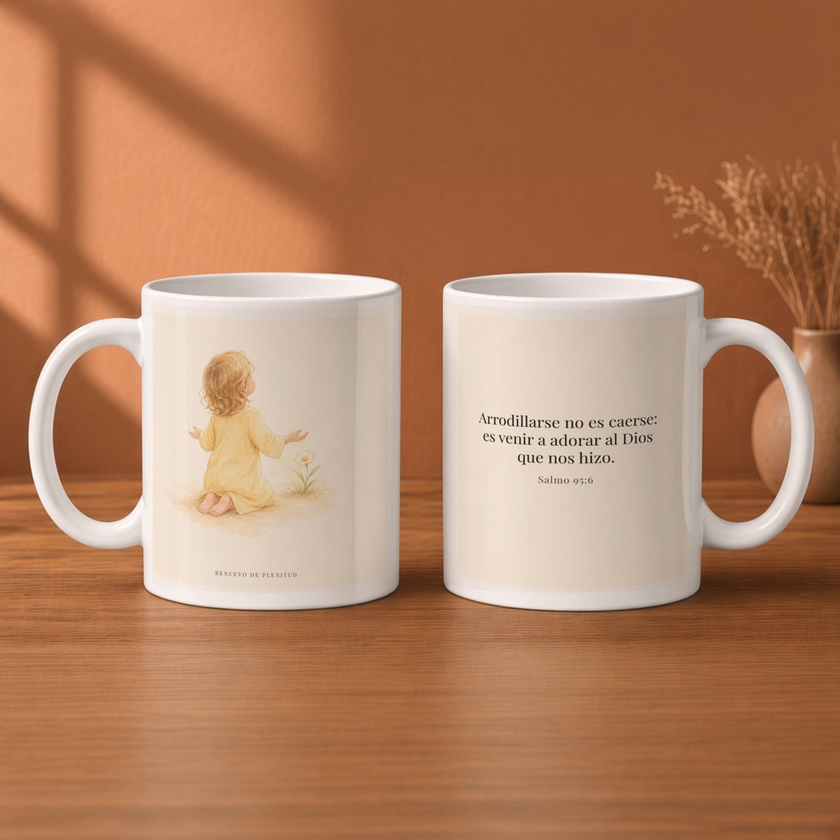 Venid, adoremos y postrémonos | Taza de inspiración bíblica | Salmo 95:6 — 11oz · Desayuno terracota, arte y frase devocional en dos tazas