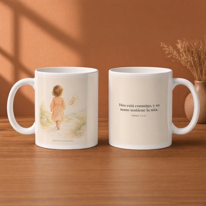 Nunca estoy solo | Taza de fe para cada mañana | Salmo 73:23 — 11oz · Desayuno terracota, arte y frase devocional en dos tazas