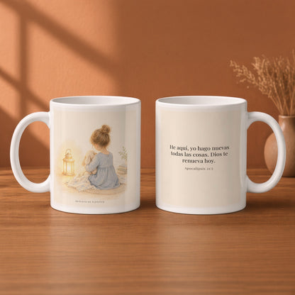 Dios hace nuevas todas las cosas | Taza de inspiración bíblica | Apocalipsis 21:5 — 11oz · Desayuno terracota, arte y frase devocional en dos tazas