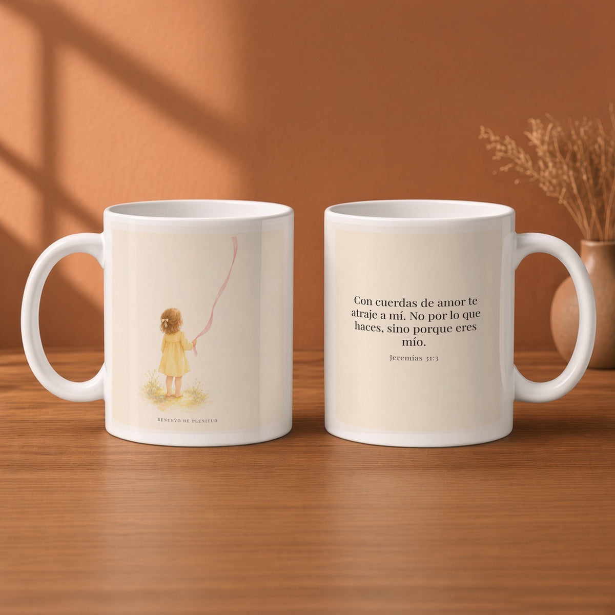 Con cuerdas de amor te atraje a mí | Taza de inspiración bíblica | Jeremías 31:3 — 11oz · Desayuno terracota, arte y frase devocional en dos tazas