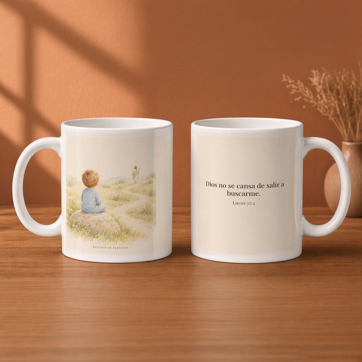 Dios no se cansa de buscarme | Taza bíblica para café | Lucas 15:4 — 11oz · Desayuno terracota, arte y frase devocional en dos tazas