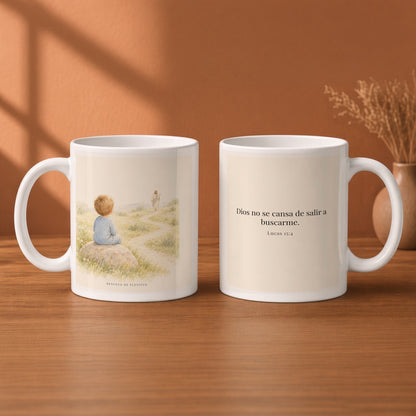 Dios no se cansa de buscarme | Taza bíblica para café | Lucas 15:4 — 11oz · Desayuno terracota, arte y frase devocional en dos tazas