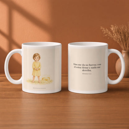 Dios me da su fuerza para estar firme | Taza cristiana en dos tamaños | Efesios 6:11 — 11oz · Desayuno terracota, arte y frase devocional en dos tazas