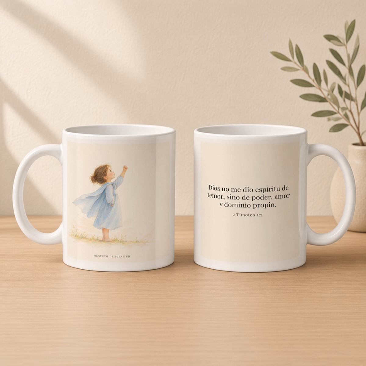 Dios me da un espíritu de poder y de amor | Taza de fe para cada mañana | 2 Timoteo 1:7 — 11oz · Estudio crema cálido, arte y frase devocional en dos tazas