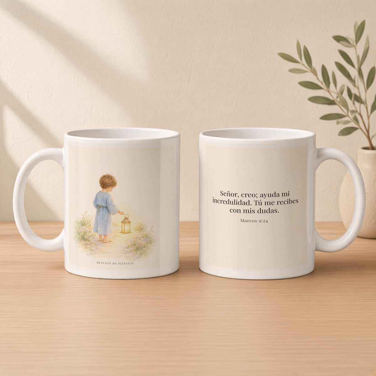 Señor, creo; ayuda mi incredulidad | Taza cristiana en dos tamaños | Marcos 9:24 — 11oz · Estudio crema cálido, arte y frase devocional en dos tazas
