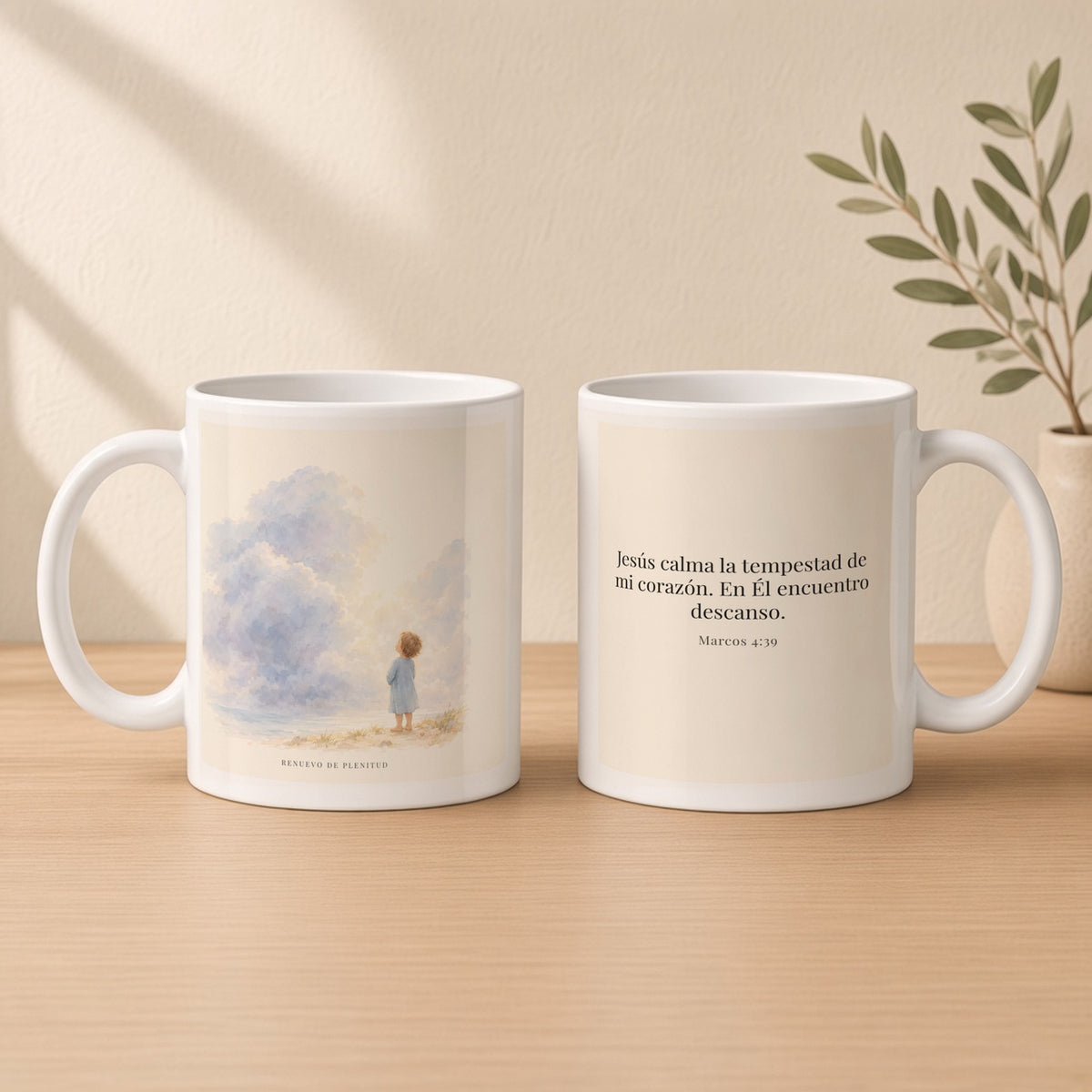 Jesús calma la tempestad de mi corazón | Taza bíblica para café | Marcos 4:39 — 11oz · Estudio crema cálido, arte y frase devocional en dos tazas