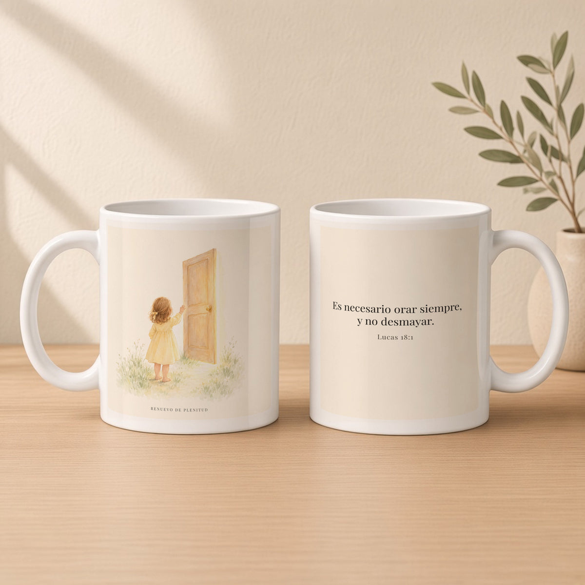 Es necesario orar siempre, y no desmayar | Taza devocional ilustrada | Lucas 18:1 — 11oz · Estudio crema cálido, arte y frase devocional en dos tazas
