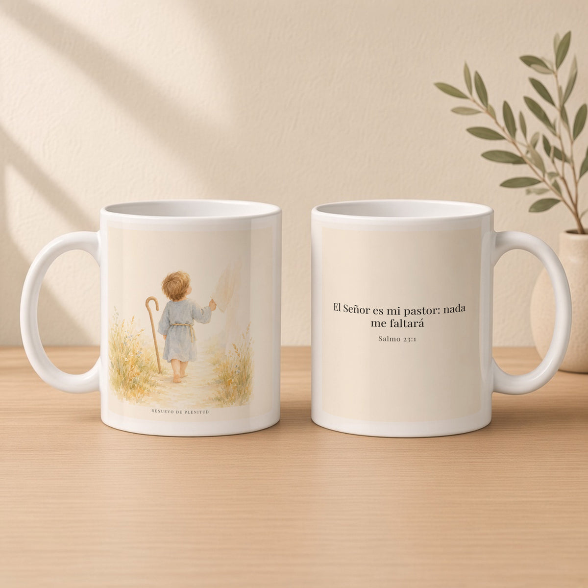 Jehová es mi pastor, nada me faltará | Taza de fe para cada mañana | Salmo 23:1 — 11oz · Estudio crema cálido, arte y frase devocional en dos tazas