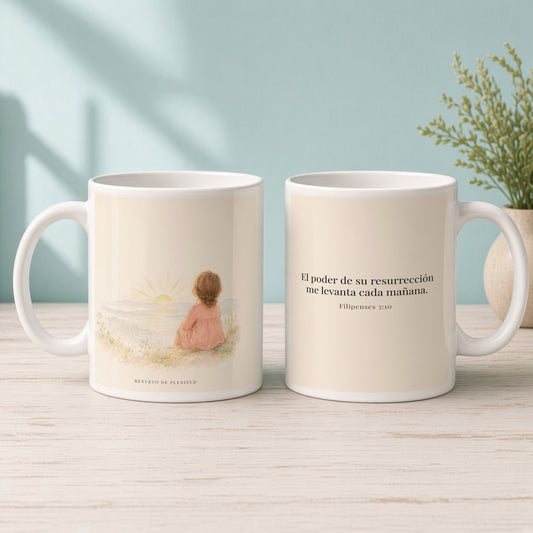 El poder de su resurrección me levanta | Taza de fe para cada mañana | Filipenses 3:10 — 15oz · Mañana aqua, arte y frase devocional en dos tazas