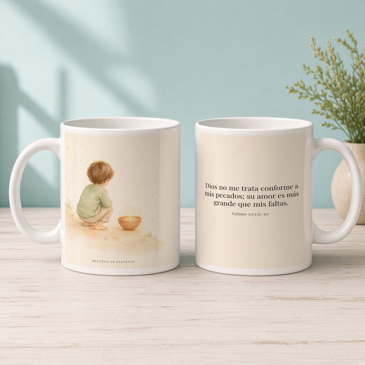 Dios no me trata como mis pecados merecen | Taza devocional ilustrada | Salmo 103:9-10 — 15oz · Mañana aqua, arte y frase devocional en dos tazas