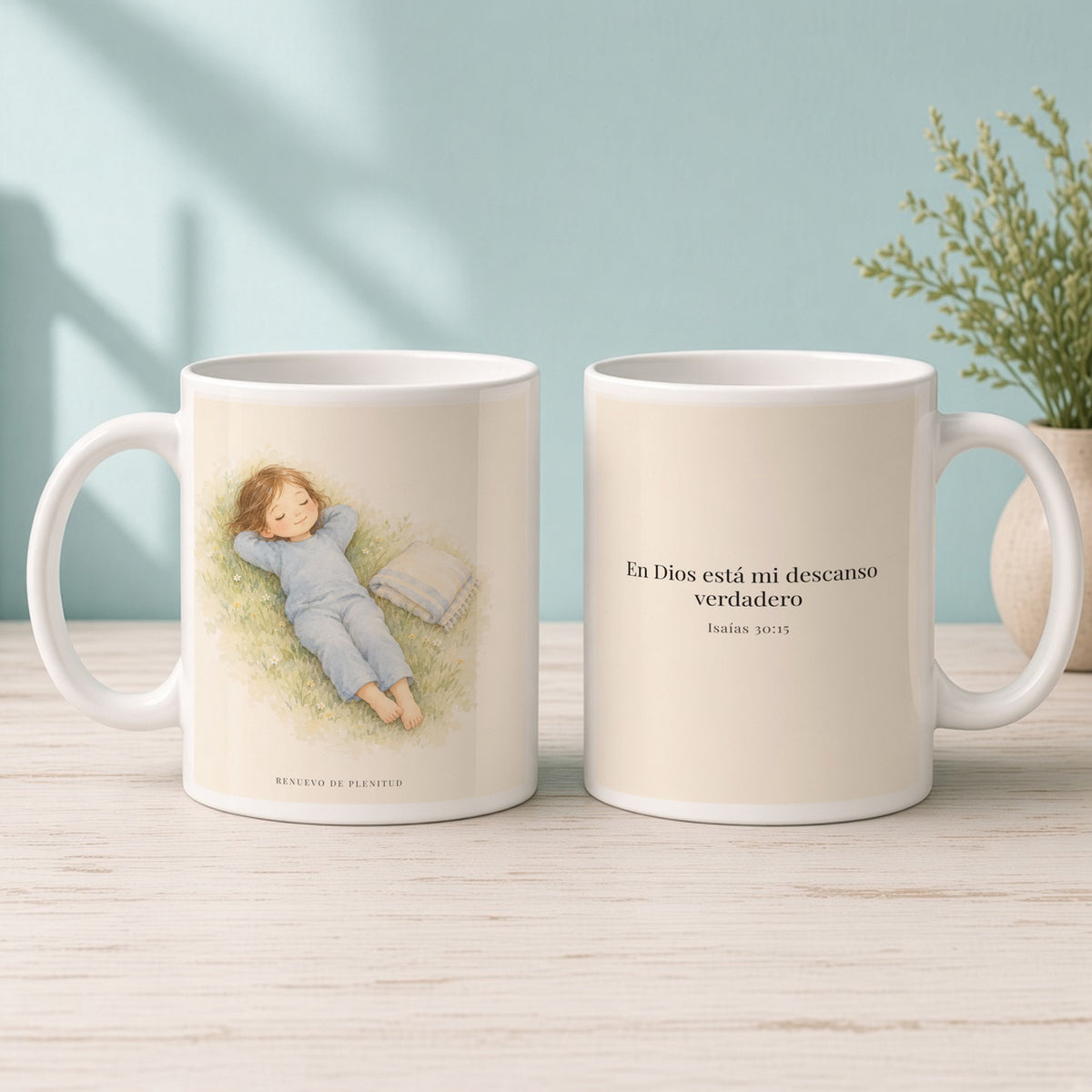 En Dios está mi descanso verdadero | Taza cristiana para regalar | Isaías 30:15 — 15oz · Mañana aqua, arte y frase devocional en dos tazas
