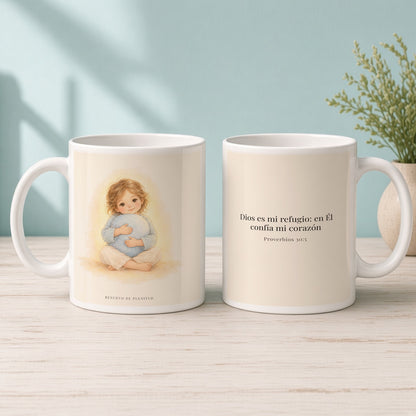 En Dios encuentro mi refugio | Taza cristiana con frase devocional | Proverbios 30:5 — 15oz · Mañana aqua, arte y frase devocional en dos tazas