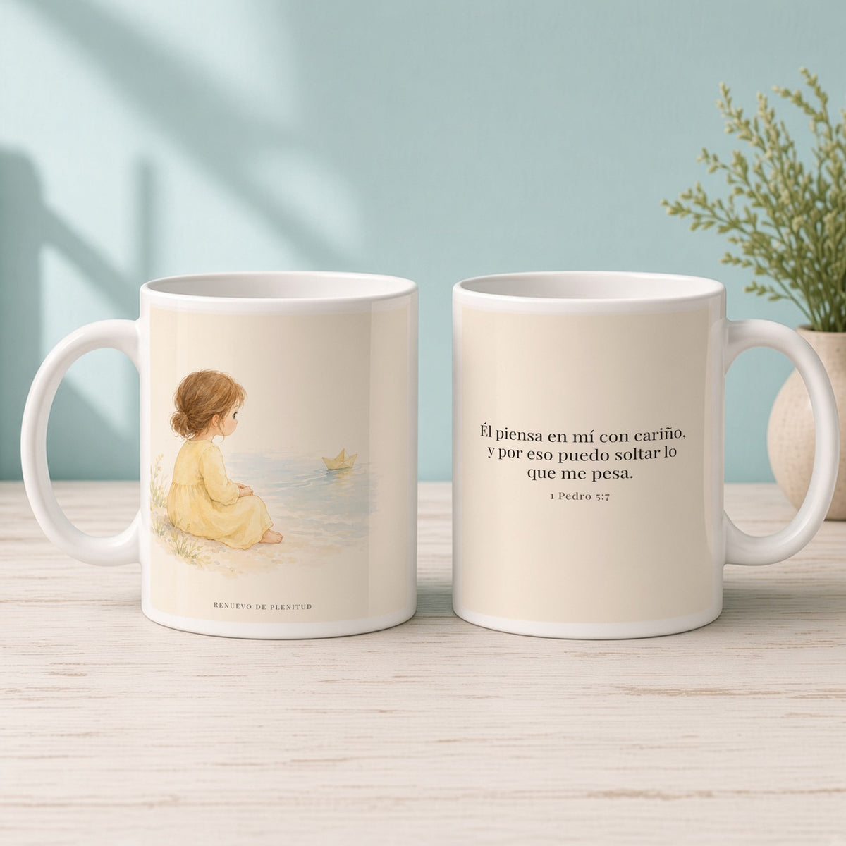 Él piensa en mí con cariño | Taza cristiana para regalar | 1 Pedro 5:7 — 15oz · Mañana aqua, arte y frase devocional en dos tazas