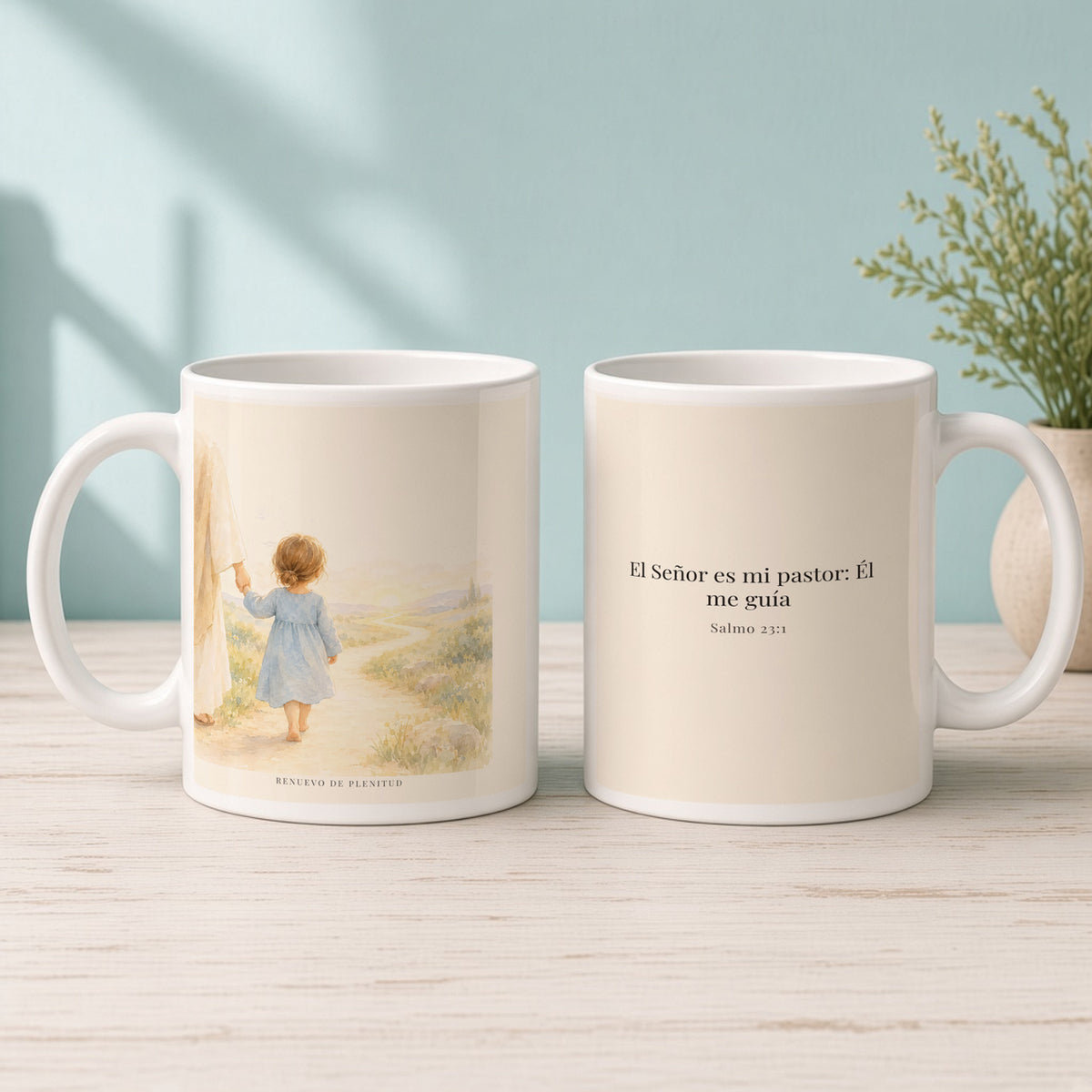 El Señor es mi pastor; Él me guía | Taza bíblica para café | Salmo 23:1 — 15oz · Mañana aqua, arte y frase devocional en dos tazas