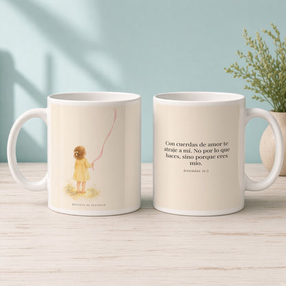 Con cuerdas de amor te atraje a mí | Taza de inspiración bíblica | Jeremías 31:3 — 15oz · Mañana aqua, arte y frase devocional en dos tazas