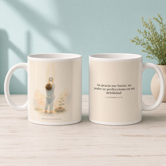 Su gracia me basta | Taza bíblica para café | 2 Corintios 12:9 — 15oz · Mañana aqua, arte y frase devocional en dos tazas