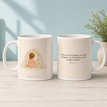 Dios es mi refugio en todo tiempo | Taza bíblica de cerámica | Salmo 62:6 — 15oz · Mañana aqua, arte y frase devocional en dos tazas