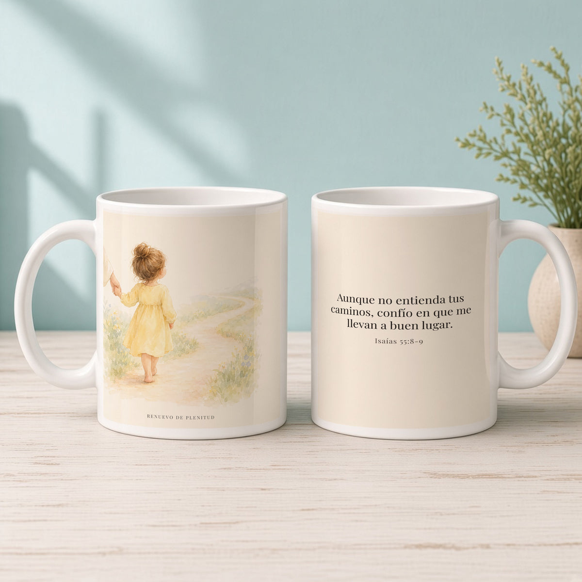 Confía en Dios cuando no entiendas el camino | Taza de fe para cada mañana | Isaías 55:8-9 — 15oz · Mañana aqua, arte y frase devocional en dos tazas