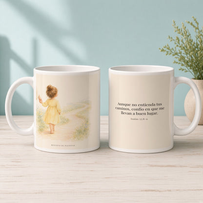 Confía en Dios cuando no entiendas el camino | Taza de fe para cada mañana | Isaías 55:8-9 — 15oz · Mañana aqua, arte y frase devocional en dos tazas