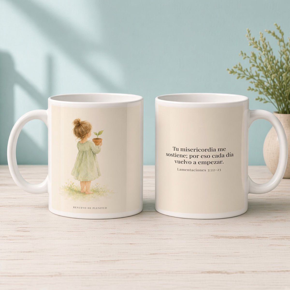 Por la misericordia de Jehová no fuimos consumidos | Taza cristiana con frase devocional | Lamentaciones 3:22-23 — 15oz · Mañana aqua, arte y frase devocional en dos tazas