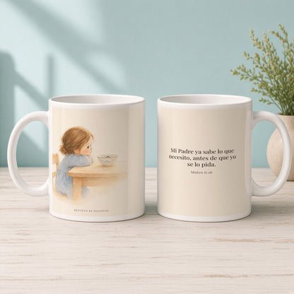 Mi Padre sabe lo que necesito | Taza de inspiración bíblica | Mateo 6:26 — 15oz · Mañana aqua, arte y frase devocional en dos tazas