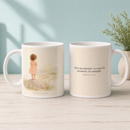 Dios no miente: sus promesas siempre se cumplen | Taza cristiana en dos tamaños | Números 23:19 — 15oz · Mañana aqua, arte y frase devocional en dos tazas