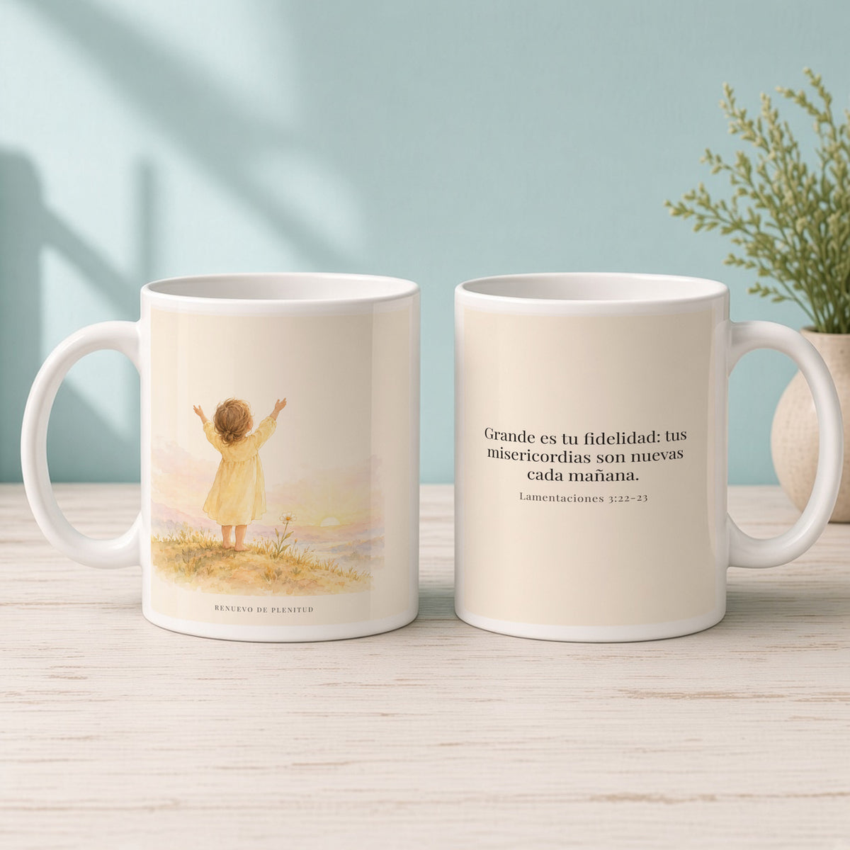 Grande es tu fidelidad, oh Dios | Taza cristiana para regalar | Lamentaciones 3:22-23 — 15oz · Mañana aqua, arte y frase devocional en dos tazas