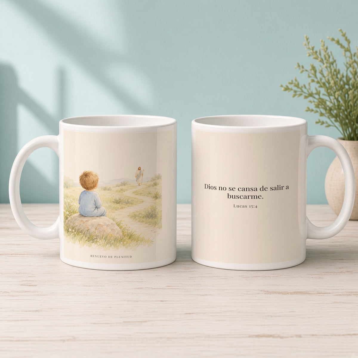 Dios no se cansa de buscarme | Taza bíblica para café | Lucas 15:4 — 15oz · Mañana aqua, arte y frase devocional en dos tazas