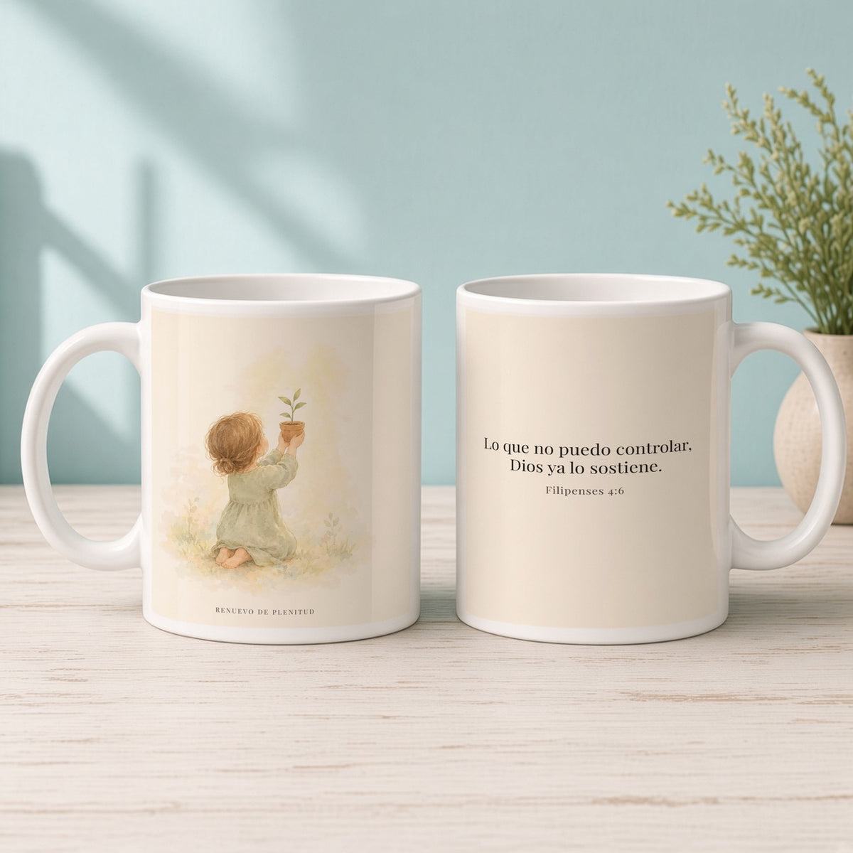 Dios cuida lo que yo no puedo controlar | Taza bíblica de cerámica | Filipenses 4:6 — 15oz · Mañana aqua, arte y frase devocional en dos tazas