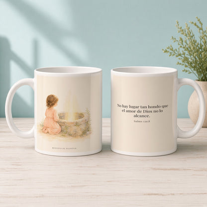 Su amor me alcanza donde yo no puedo | Taza con arte cristiano | Salmo 139:8 — 15oz · Mañana aqua, arte y frase devocional en dos tazas