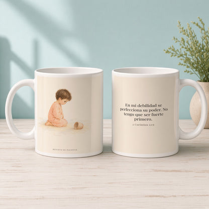 En mi debilidad se perfecciona su poder | Taza devocional de fe | 2 Corintios 12:9 — 15oz · Mañana aqua, arte y frase devocional en dos tazas