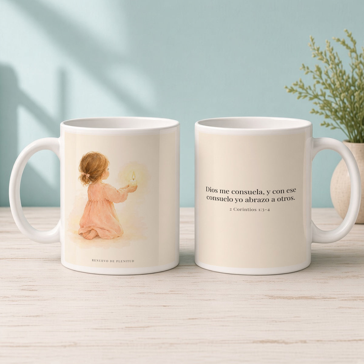 Dios me consuela para que yo consuele a otros | Taza cristiana para regalar | 2 Corintios 1:3-4 — 15oz · Mañana aqua, arte y frase devocional en dos tazas