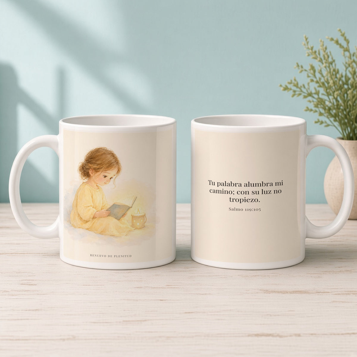 Tu palabra alumbra mi camino | Taza de inspiración bíblica | Salmo 119:105 — 15oz · Mañana aqua, arte y frase devocional en dos tazas