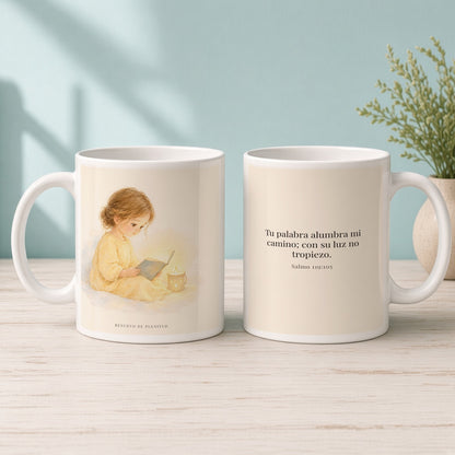 Tu palabra alumbra mi camino | Taza de inspiración bíblica | Salmo 119:105 — 15oz · Mañana aqua, arte y frase devocional en dos tazas