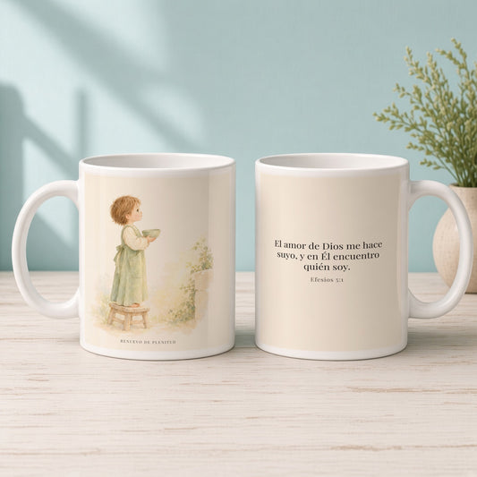 El amor de Dios me hace suyo | Taza cristiana para regalar | Efesios 5:1 — 15oz · Mañana aqua, arte y frase devocional en dos tazas